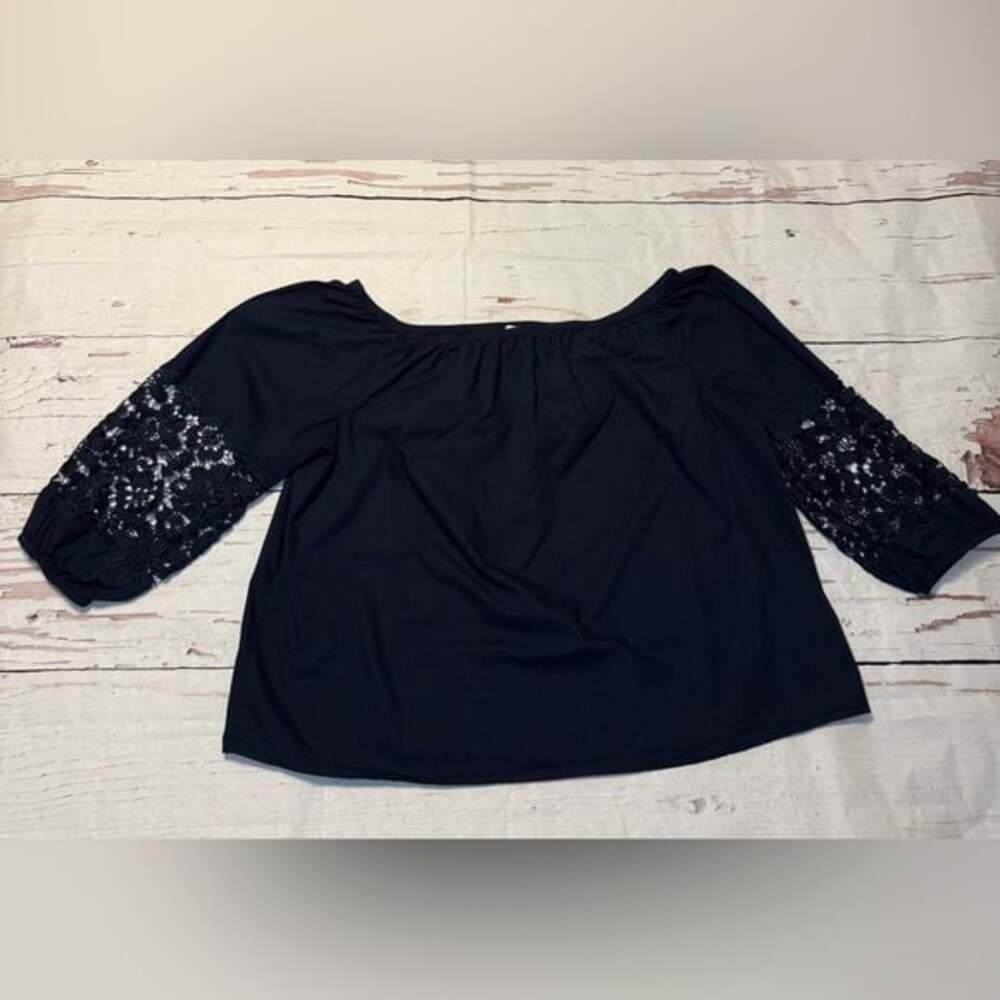crown & ivy Navy Off-Shoulder Top with Lace Sleeves